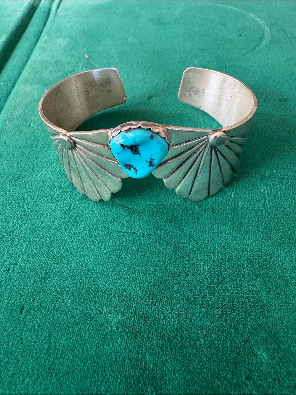 Navajo Sterling Silver Fan Cuff Bracelet with Turquoise Stone - Blue - Picture 2 of 10